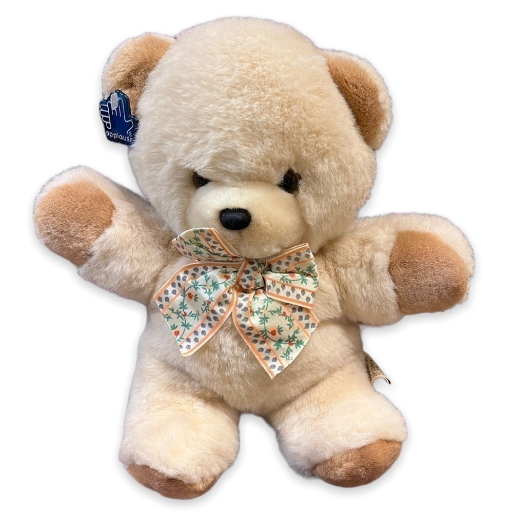 Vintage Applause Teddy Bear 11” tan plush floral bow plastic ear tag stuffed toy